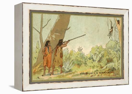 South American Indians Hunting Monkeys with Blowpipes-null-Framed Premier Image Canvas