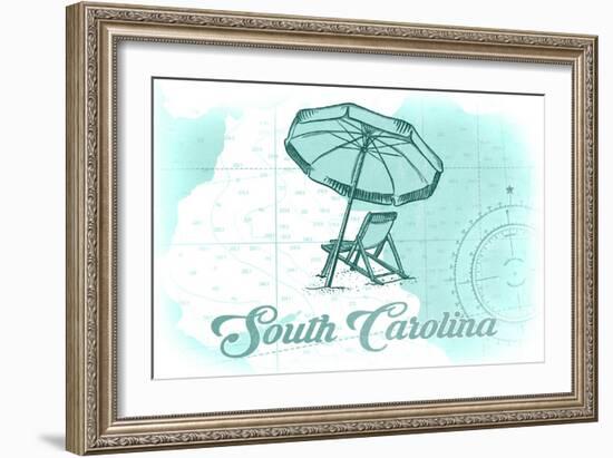 South Carolina - Beach Chair and Umbrella - Teal - Coastal Icon-Lantern Press-Framed Art Print