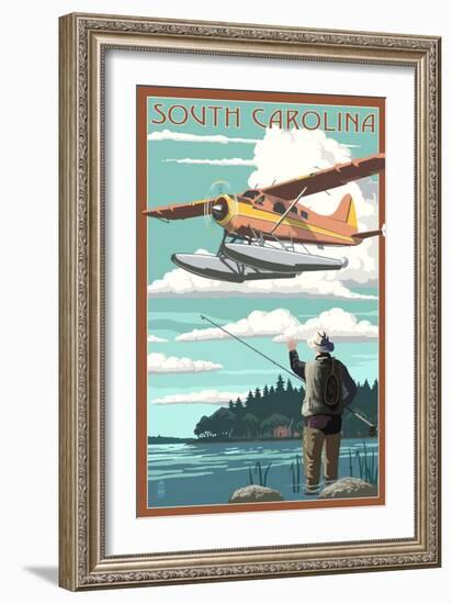 South Carolina - Float Plane and Fisherman-Lantern Press-Framed Art Print