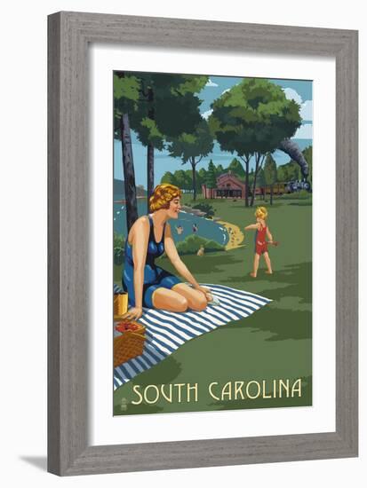 South Carolina - Lake and Picnic Scene-Lantern Press-Framed Art Print