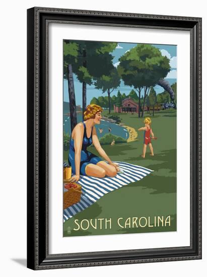 South Carolina - Lake and Picnic Scene-Lantern Press-Framed Art Print