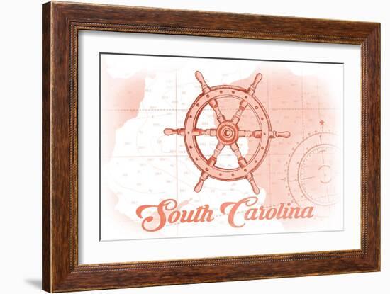 South Carolina - Ship Wheel - Coral - Coastal Icon-Lantern Press-Framed Art Print