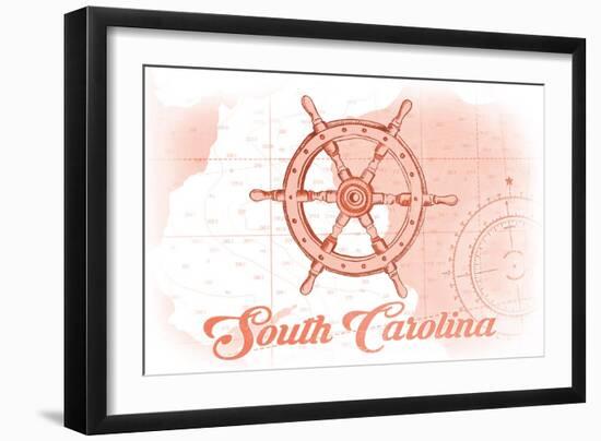 South Carolina - Ship Wheel - Coral - Coastal Icon-Lantern Press-Framed Art Print