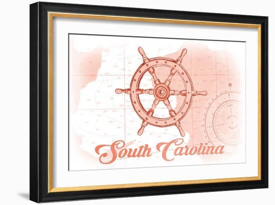 South Carolina - Ship Wheel - Coral - Coastal Icon-Lantern Press-Framed Art Print