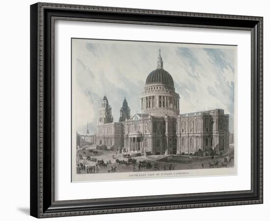 South-East View of St Paul's Cathedral with Figures and Carriages Outside, City of London, 1818-Daniel Havell-Framed Giclee Print