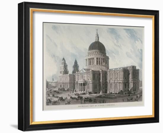 South-East View of St Paul's Cathedral with Figures and Carriages Outside, City of London, 1818-Daniel Havell-Framed Giclee Print