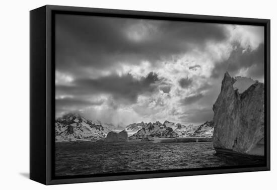 South Georgia Island. Black and white Landscape of iceberg floating and mountain scenery.-Howie Garber-Framed Premier Image Canvas