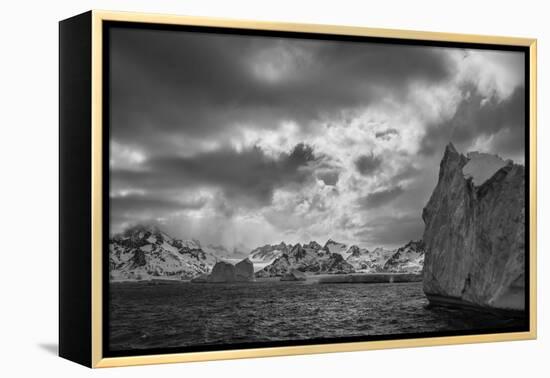 South Georgia Island. Black and white Landscape of iceberg floating and mountain scenery.-Howie Garber-Framed Premier Image Canvas