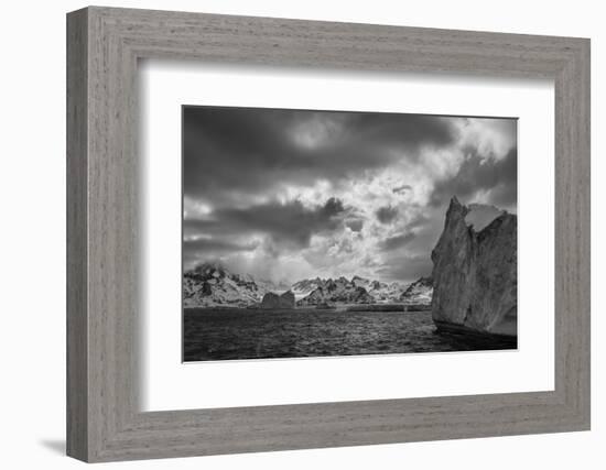 South Georgia Island. Black and white Landscape of iceberg floating and mountain scenery.-Howie Garber-Framed Photographic Print