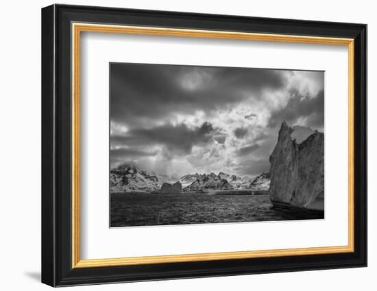 South Georgia Island. Black and white Landscape of iceberg floating and mountain scenery.-Howie Garber-Framed Photographic Print