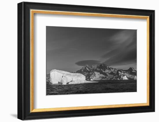 South Georgia Island. Black and white Landscape with Icebergs, mountain, snow and clouds.-Howie Garber-Framed Photographic Print