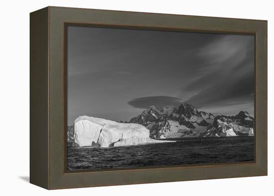 South Georgia Island. Black and white Landscape with Icebergs, mountain, snow and clouds.-Howie Garber-Framed Premier Image Canvas