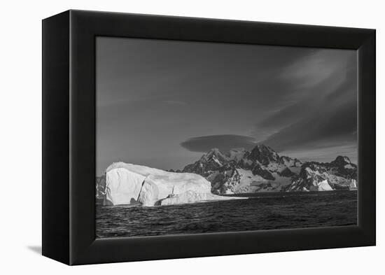 South Georgia Island. Black and white Landscape with Icebergs, mountain, snow and clouds.-Howie Garber-Framed Premier Image Canvas