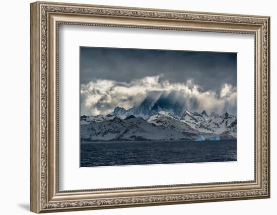 South Georgia Island. Opening in clouds and Virga reveal the mountainous and glaciated landscape.-Howie Garber-Framed Photographic Print