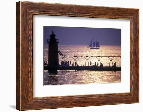 South Haven Lighthouse and pier at dusk, South Haven, Michigan, USA-null-Framed Photographic Print