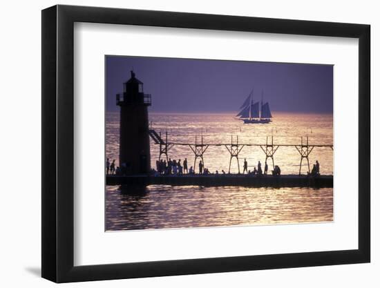 South Haven Lighthouse and pier at dusk, South Haven, Michigan, USA-null-Framed Photographic Print