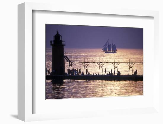 South Haven Lighthouse and pier at dusk, South Haven, Michigan, USA-null-Framed Photographic Print