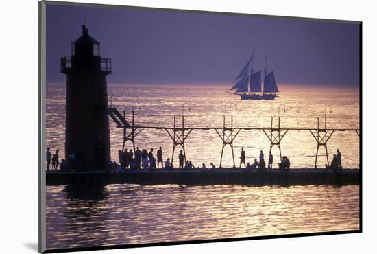 South Haven Lighthouse and pier at dusk, South Haven, Michigan, USA-null-Mounted Photographic Print