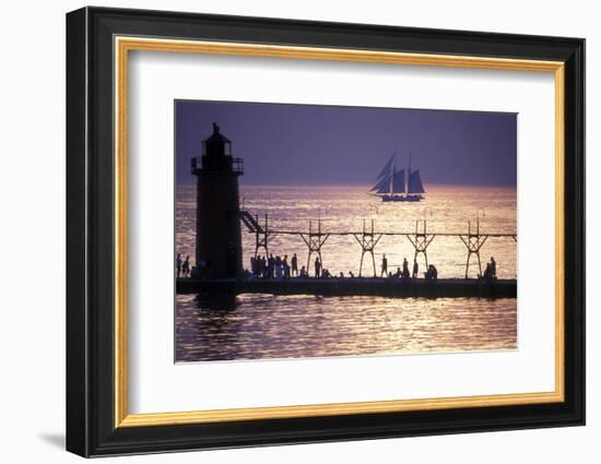 South Haven Lighthouse and pier at dusk, South Haven, Michigan, USA-null-Framed Photographic Print