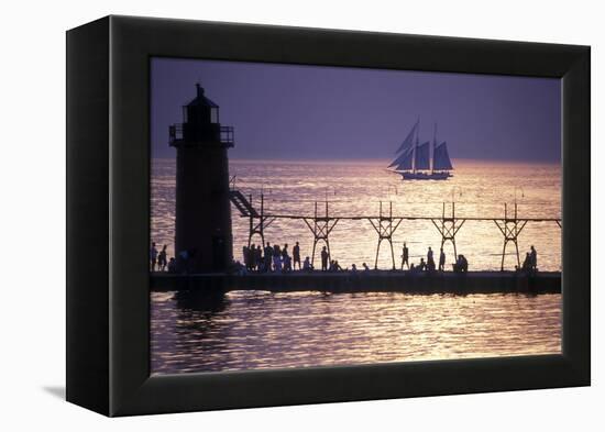 South Haven Lighthouse and pier at dusk, South Haven, Michigan, USA-null-Framed Premier Image Canvas