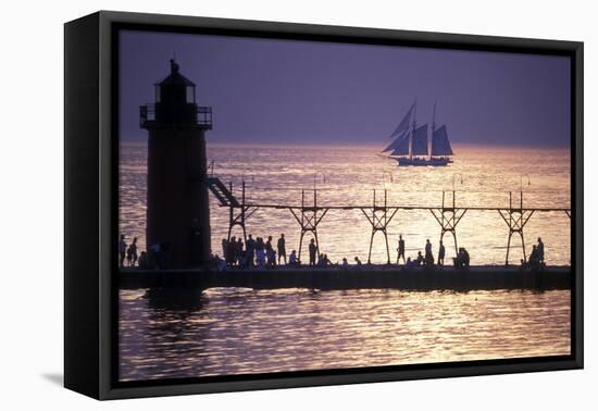 South Haven Lighthouse and pier at dusk, South Haven, Michigan, USA-null-Framed Premier Image Canvas