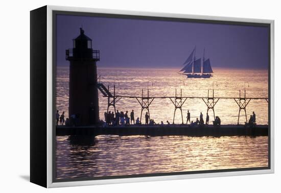 South Haven Lighthouse and pier at dusk, South Haven, Michigan, USA-null-Framed Premier Image Canvas