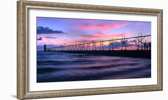 South Haven Lighthouse and pier at dusk, South Haven, Michigan, USA-null-Framed Photographic Print