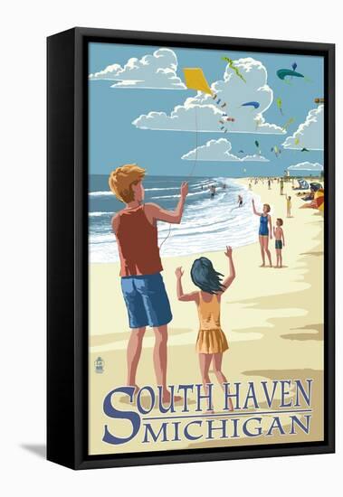 South Haven, Michigan - Kite Flyers-Lantern Press-Framed Stretched Canvas