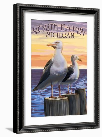 South Haven, Michigan - Seagulls-Lantern Press-Framed Art Print