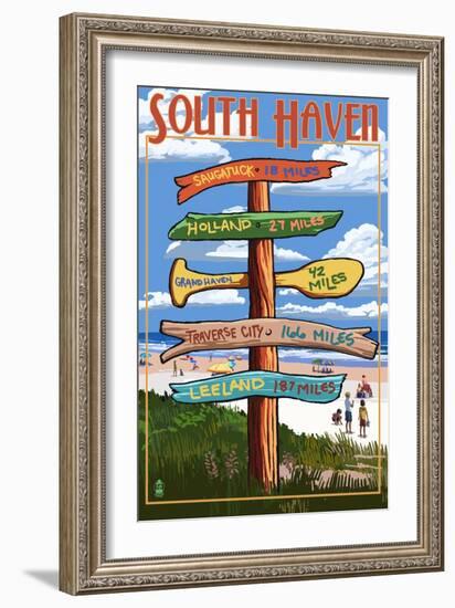 South Haven, Michigan - Sign Post-Lantern Press-Framed Art Print