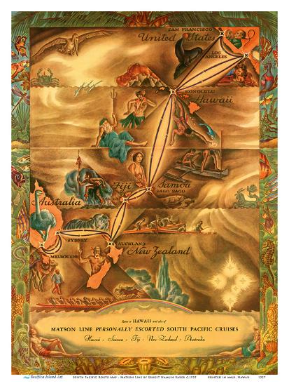 South Pacific Route Map Hawaii Samoa Fiji Australia New Zealand Matson Line Art Print Ernest Hamlin Baker Art Com