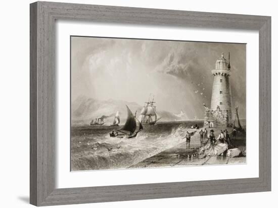 South Wall Lighthouse with Howth Hill in the Distance, Dublin-William Henry Bartlett-Framed Giclee Print