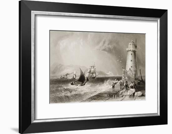 South Wall Lighthouse with Howth Hill in the Distance, Dublin-William Henry Bartlett-Framed Giclee Print