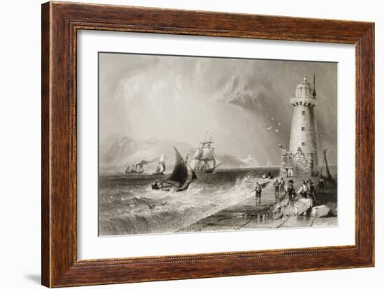 South Wall Lighthouse with Howth Hill in the Distance, Dublin-William Henry Bartlett-Framed Giclee Print