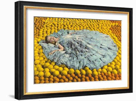 Southern Belle Lying on Oranges, Florida-null-Framed Premium Giclee Print