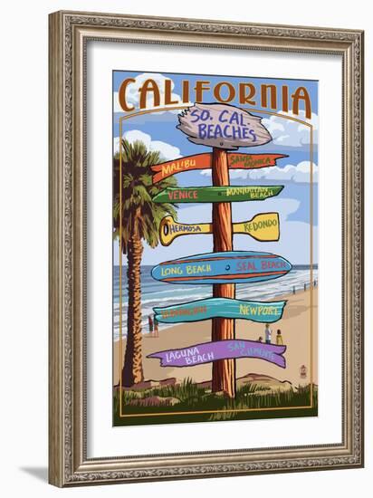 Southern California Beaches - Destination Sign-Lantern Press-Framed Art Print