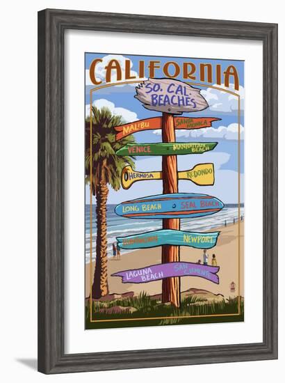 Southern California Beaches - Destination Sign-Lantern Press-Framed Art Print