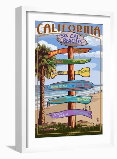 Southern California Beaches - Destination Sign-Lantern Press-Framed Art Print