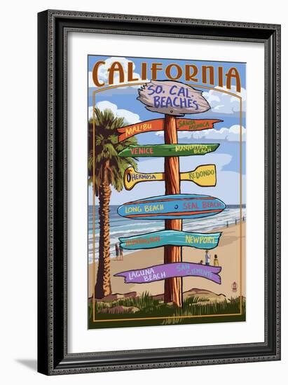 Southern California Beaches - Destination Sign-Lantern Press-Framed Art Print