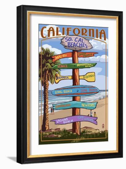 Southern California Beaches - Destination Sign-Lantern Press-Framed Art Print