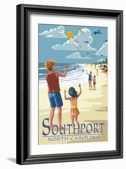Southport, North Carolina - Kite Flyers-Lantern Press-Framed Art Print