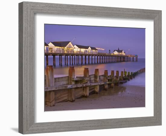 Southwold Pier and Wooden Groyne at Sunset, Southwold, Suffolk, England, United Kingdom, Europe-Neale Clark-Framed Photographic Print