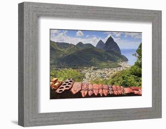 Souvenir Stall with View of the Pitons and Soufriere-Eleanor-Framed Photographic Print