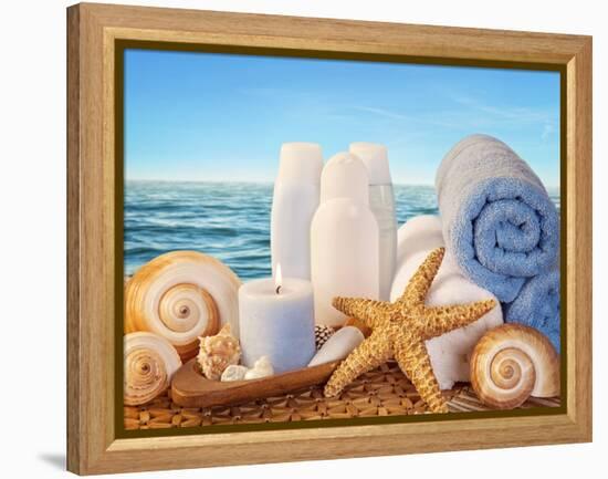 Spa Elements with White Towels,Candle and Brown Bottles-egal-Framed Premier Image Canvas