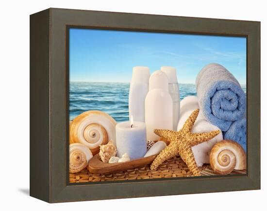 Spa Elements with White Towels,Candle and Brown Bottles-egal-Framed Premier Image Canvas