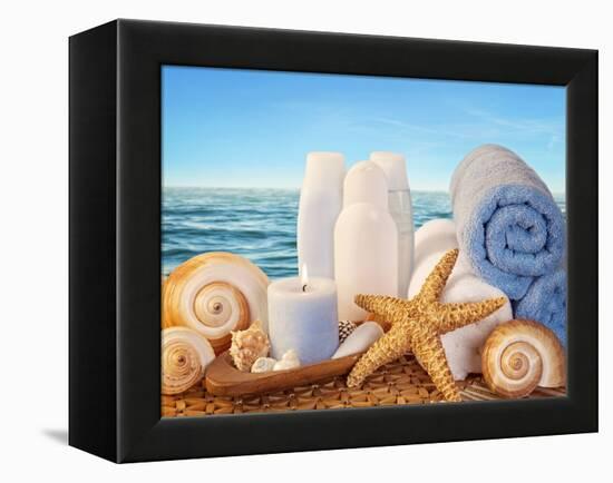 Spa Elements with White Towels,Candle and Brown Bottles-egal-Framed Premier Image Canvas