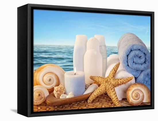 Spa Elements with White Towels,Candle and Brown Bottles-egal-Framed Premier Image Canvas