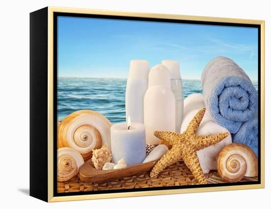 Spa Elements with White Towels,Candle and Brown Bottles-egal-Framed Premier Image Canvas