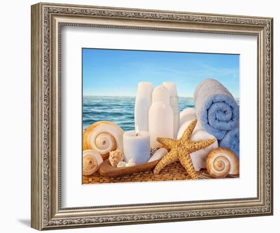 Spa Elements with White Towels,Candle and Brown Bottles-egal-Framed Photographic Print