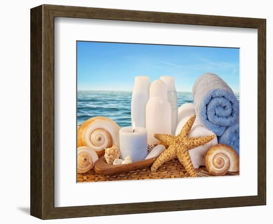 Spa Elements with White Towels,Candle and Brown Bottles-egal-Framed Photographic Print